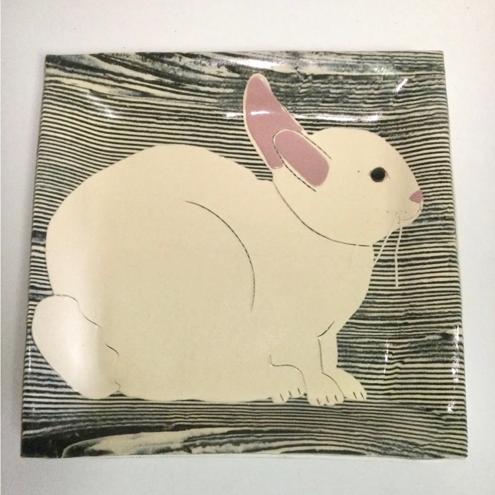 Vintage Signed Kamrass Kiok Studio NYC Bunny Square Platter Plate ~ 9”x9”
